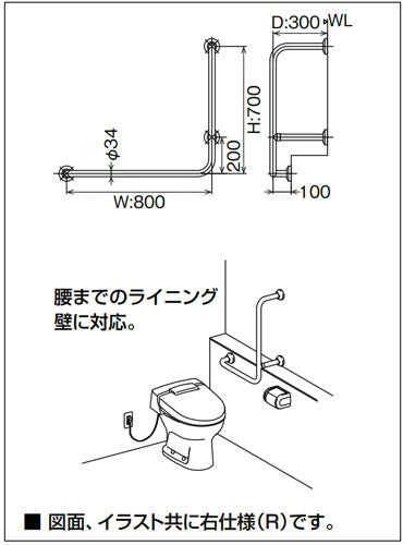 ●手すり[壁固定][L型][多用途用][長さ:700×800mm][φ34][前出:300～100mm][樹脂被覆タイプ][左仕様][ホワイト]