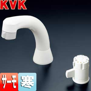 洗面用蛇口[台][洗髪シャワー水栓][サーモスタット式混合水栓][ホース引出式][取付穴径:φ36～38mm][固定こま][寒冷地]