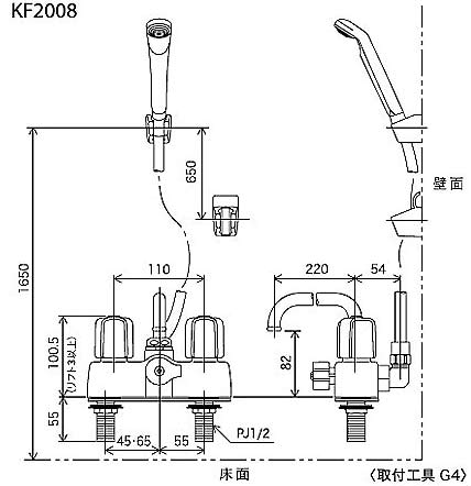 浴室用蛇口 KF2008シリーズ[台][浴槽・洗い場兼用][シャワーバス付2ハンドル混合水栓][可変ピッチ式][首長220mm][固定こま][寒冷地]
