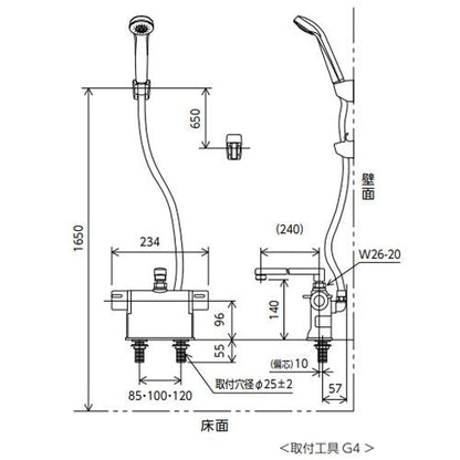 浴室用蛇口[台][デッキタイプ][サーモスタット付シャワー][撥水][スパウト240mm][可変ピッチ式][一般地]