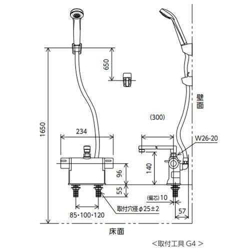 浴室用蛇口[台][デッキタイプ][サーモスタット付シャワー][撥水][スパウト300mm][可変ピッチ式][一般地]
