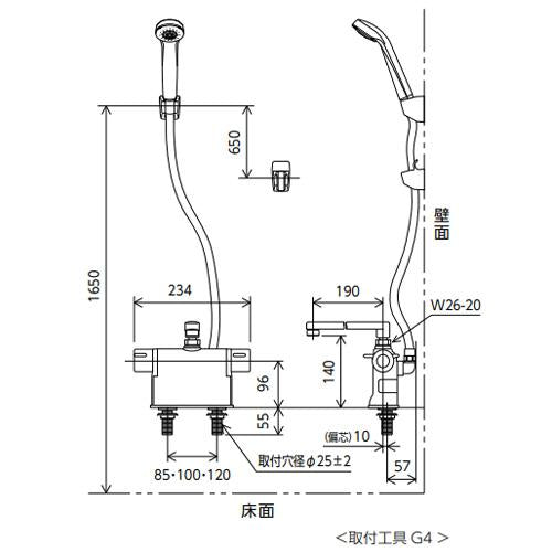 浴室用蛇口[台][デッキタイプ][サーモスタット付シャワー][撥水][スパウト190mm][可変ピッチ式][一般地]