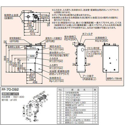 石油ふろ給湯器[浴室・台所リモコン+FF用給排気筒セット][給湯+追いだき][手動][お知らせ][減圧式][屋内据置型][上方排気][強制給排気][3万キロ]