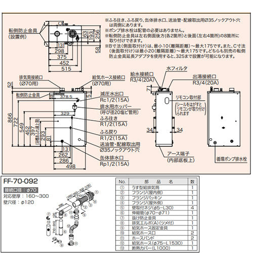 石油ふろ給湯器[本体+FF用給排気筒付属][給湯+追いだき][手動][お知らせ][減圧式][屋内据置型][上方排気][強制給排気][3万キロ]