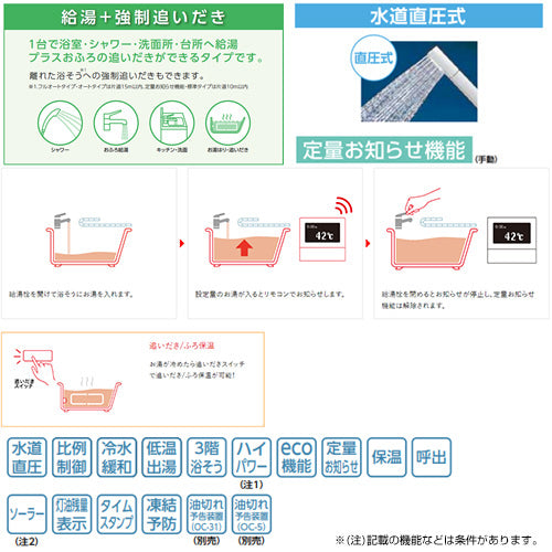 石油ふろ給湯器[浴室・台所リモコン+FF用給排気筒付属][給湯+強制追いだき][水道直圧式][屋内壁掛型][上方排気][強制給排気][右排気][4万キロ]