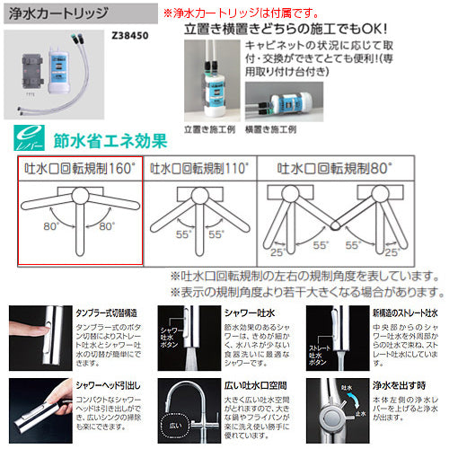 キッチン用蛇口 撥水シングルシリーズ[台][シングルレバー混合水栓][浄水カートリッジ付属][ホース引出式][グースネック][eレバー][吐水口回転規制160度][スパウト245mm][一般地]