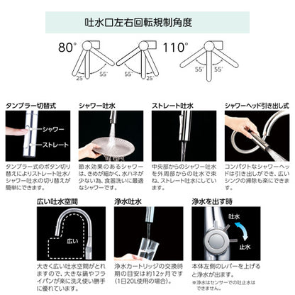キッチン用蛇口[台][シングルレバー混合水栓][浄水カートリッジ付属][ホース引出式][グースネック][eレバー][吐水口回転規制80/110度][スパウト245mm][マットホワイト][一般地]