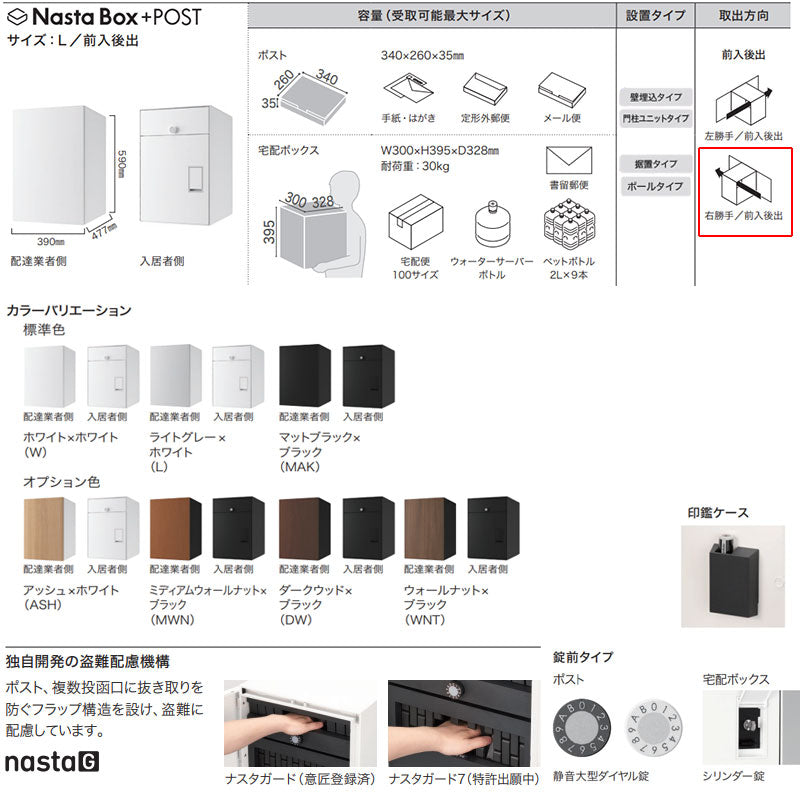宅配ボックスセット ボックス+ポスト[据置用幅木][前入][後出][FR][シリンダー錠][右開き][サイズL]