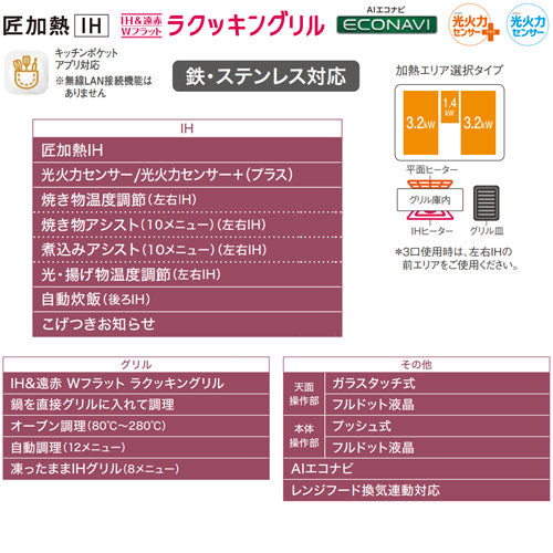 IHクッキングヒーター Sシリーズ[75cm][3口IH][マルチグリル][光るリング][30A][単相200V]