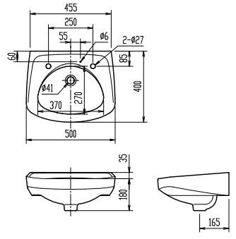 洗面器単品[壁掛式][角形][そで付小形][水栓取付穴径:φ27][2ヶ所][ゴム栓取付用穴あり]