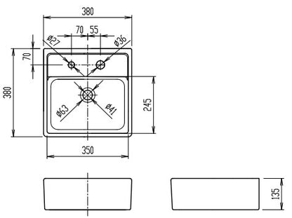 洗面器単品[ベッセル式][壁掛式][角形][380×380][水栓取付穴径:φ36、φ27][2ヶ所]