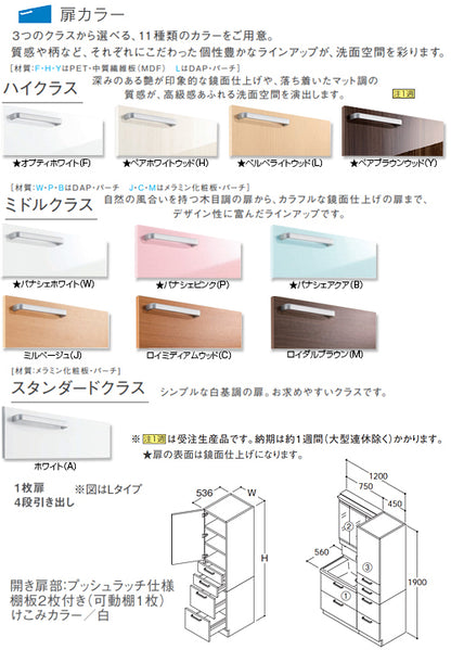 ●洗面化粧台セット サクア[間口1200mm][高さ1900mm][スウィング水栓][3面鏡][LED][くもり止め][トールキャビネット][一般地]