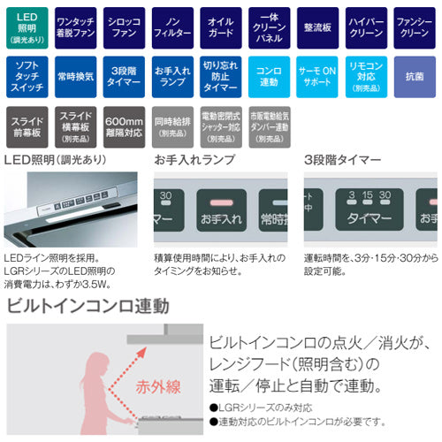 レンジフード LGRシリーズ[シロッコファン][幅75cm][スリム型][前幕板付属][コンロ連動][ブラック]