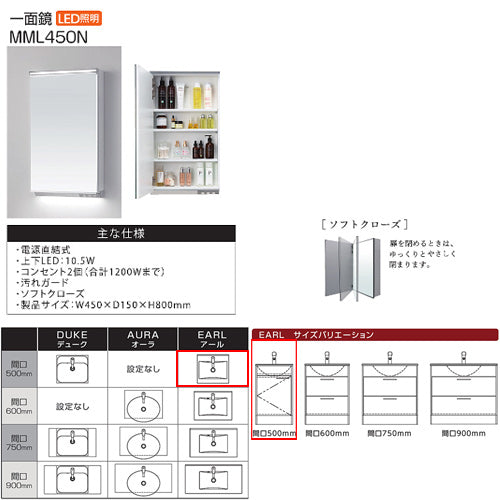 ○洗面化粧台セット アール[間口500mm][片開き][シングルレバー混合水