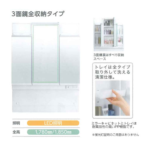 ミラーキャビネット PVシリーズ[間口750mm][全高1780mm用][3面鏡][LED]
