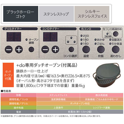 ビルトインガスコンロ プラスドゥ[75cm][乾電池][ステンレストップ][前面パネル:ステンレス][ごとく:ブラック][ダッチオーブン付属][都市ガス]