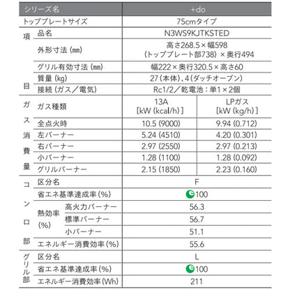 ビルトインガスコンロ プラスドゥ[75cm][乾電池][ステンレストップ][前面パネル:ステンレス][ごとく:ブラック][ダッチオーブン付属][都市ガス]