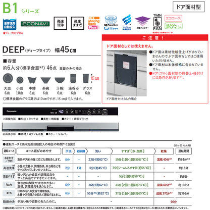 ビルトイン食洗機 B1シリーズ[新設用][スライドオープン][ドア面材型][深型][幅45cm][奥行65cm][ディープタイプ][洗剤自動投入][約6人用]