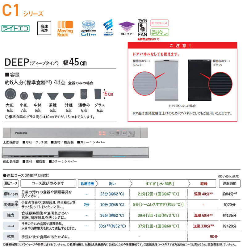 ビルトイン食洗機 C1シリーズ[取替用][スライドオープン][ドアパネル型][深型][幅45cm][奥行65cm][ディープタイプ][約6人用]