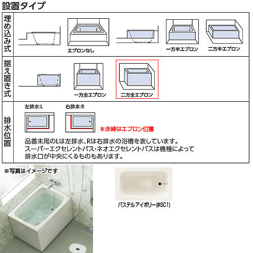 浴槽 ポリバス[据置浴槽][800サイズ][二方全エプロン][ゴム栓式][バランス釜用穴あり][パステルアイボリー]