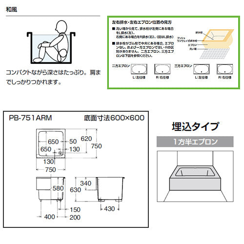 浴槽 ポリーナ[埋込浴槽][和風タイプ][750サイズ][1方半エプロン][巻ふろふた付][リーリックブルー]