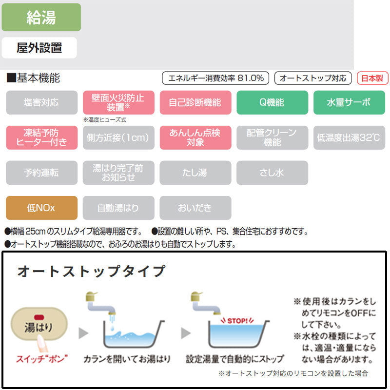 ガス給湯器[本体のみ][屋外壁掛型][PS設置型][給湯専用][スリム][16号][15A][プロパンガス]