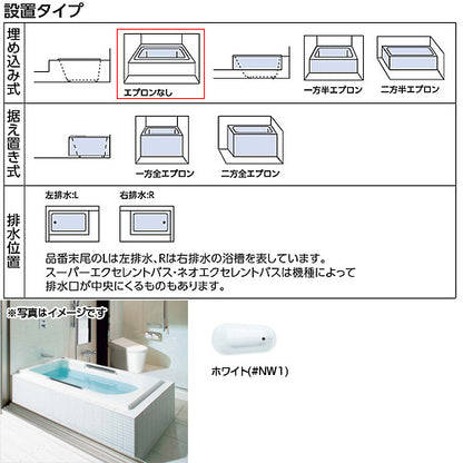 浴槽 ラフィア[埋込浴槽][1500サイズ][エプロンなし][ワンプッシュ排水栓式][エプロンなし][ホワイト]
