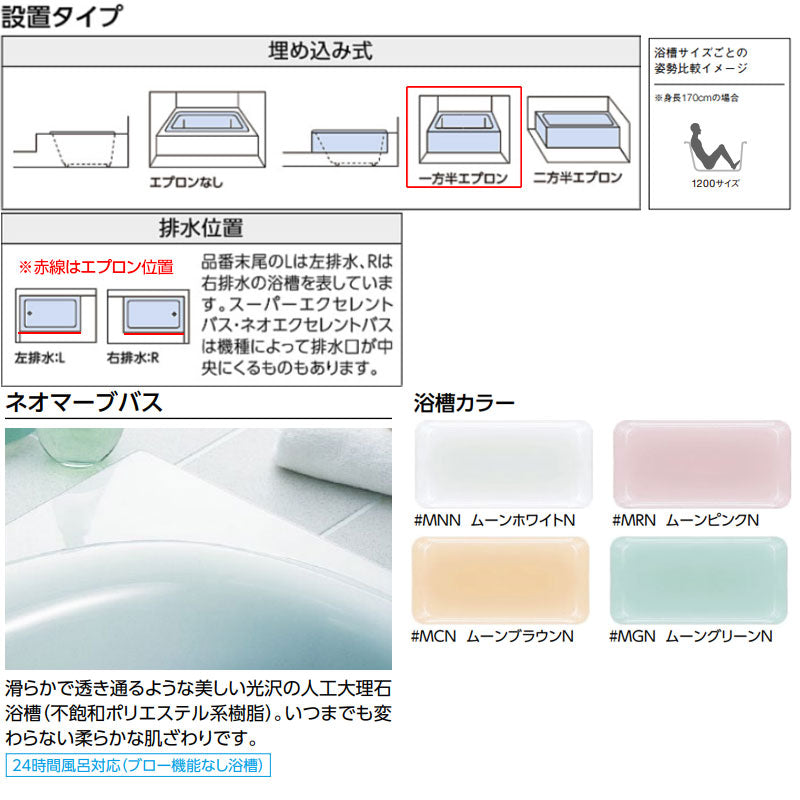 ●浴槽 ネオマーブバス[埋込浴槽][1200サイズ][一方半エプロン][ゴム栓式]