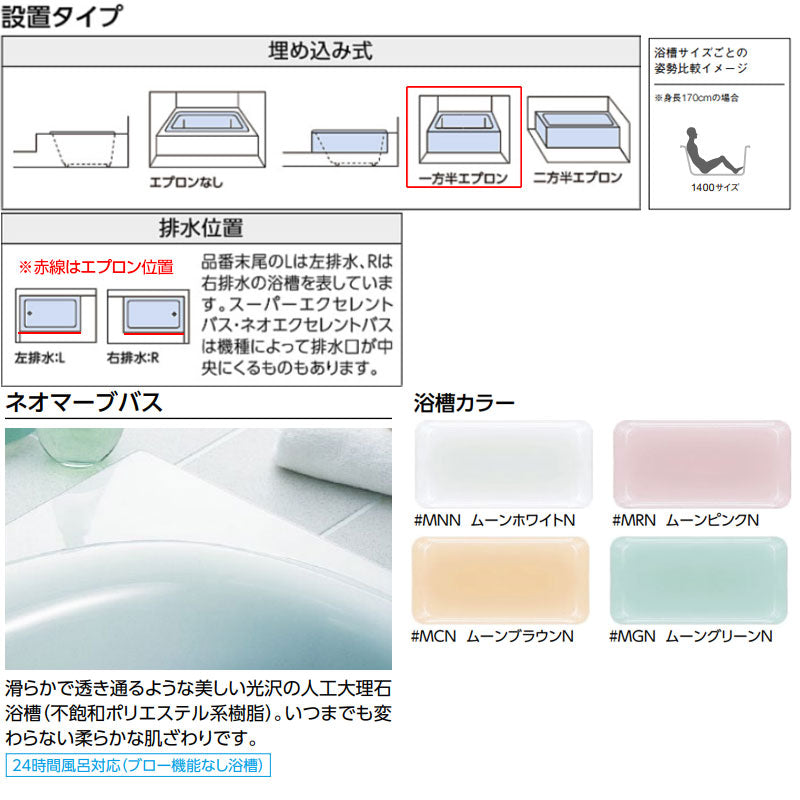 ●浴槽 ネオマーブバス[埋込浴槽][1400サイズ][一方半エプロン][ゴム栓式]