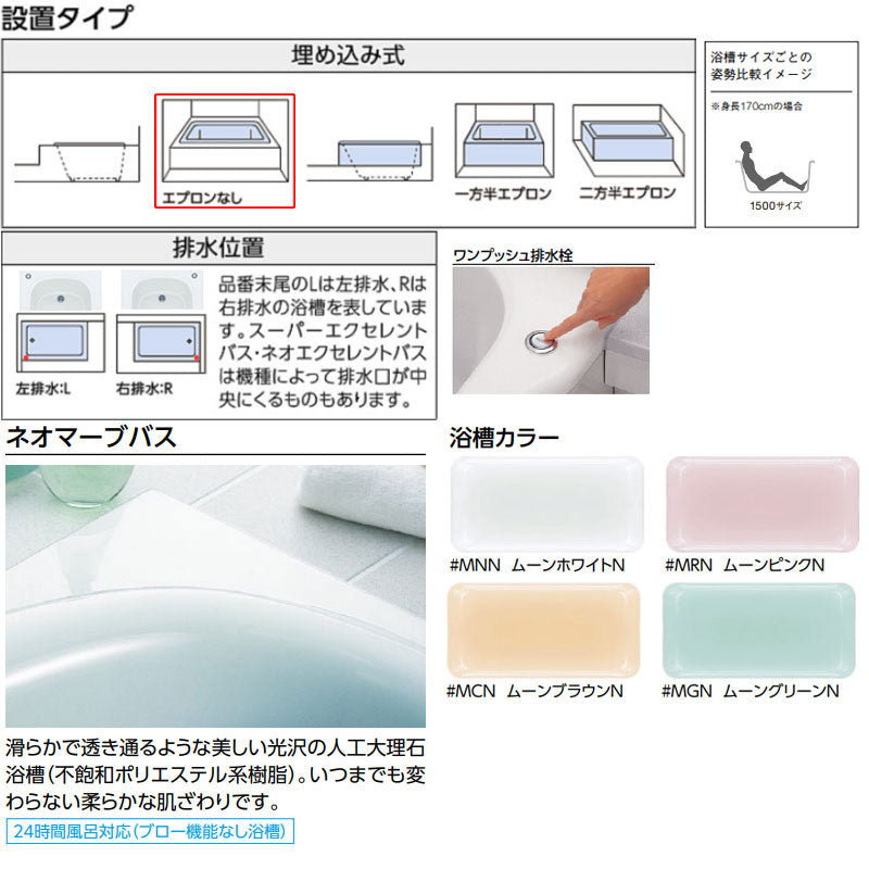 浴槽 ネオマーブバス[埋込浴槽][1500サイズ][エプロンなし][ワンプッシュ排水栓式]