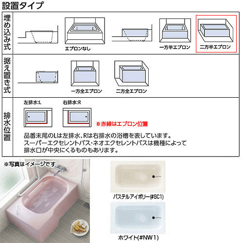 ●浴槽 ポリバス[埋込浴槽][いたわり浴槽][1200サイズ][二方半エプロン][ゴム栓式]