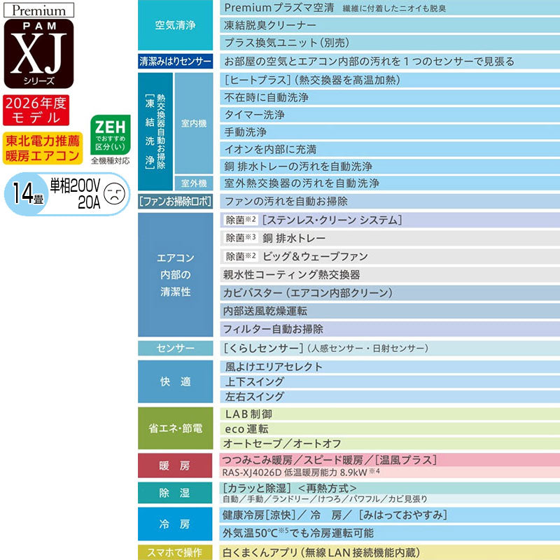 ルームエアコン[XJシリーズ][200V][14畳][4.0kW][白くまくん][スターホワイト][2026年モデル]