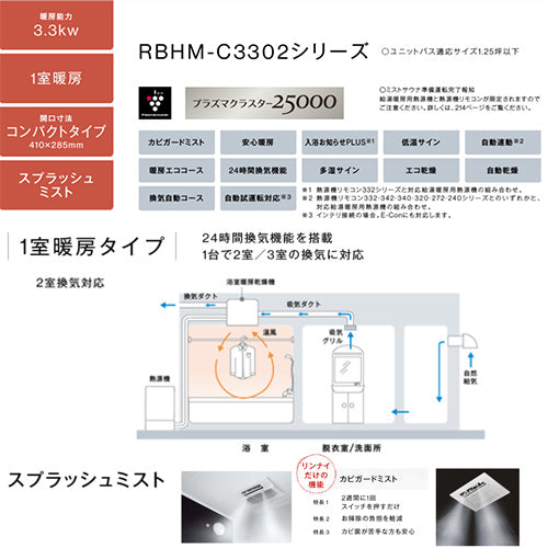浴室暖房乾燥機[温水式][天井埋込型][1室暖房][2室換気][開口コンパクトタイプ][衣類乾燥][ミスト][1.25坪以下]