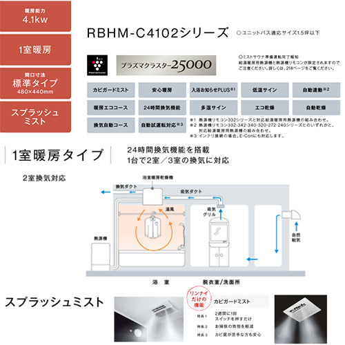 浴室暖房乾燥機[温水式][天井埋込型][1室暖房][2室換気][開口標準タイプ][衣類乾燥][ミスト][1.5坪以下]