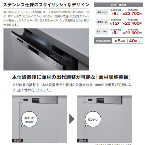 ビルトイン食洗機[取替用][スライドオープン][ドア面材型][浅型][幅45cm][奥行65cm][約5人用][ステンレス]
