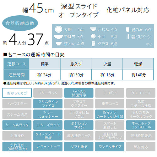 ビルトイン食洗機[取替用][スライドオープン][ドアパネル型][深型][幅45cm][奥行65cm][約4人用][化粧パネル対応][シルバー]