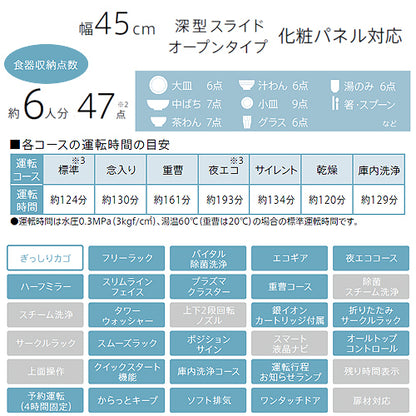 ビルトイン食洗機[取替用][スライドオープン][ドアパネル型][深型][幅45cm][奥行65cm][約6人用][化粧パネル対応][ステンレス調ハーフミラー]