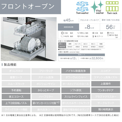 ビルトイン食洗機[取替用][フロントオープン][ドアパネル型][幅45cm][奥行60cm][約8人用][付属:化粧パネル ブラック ツヤ消][化粧パネル対応][ブラック]