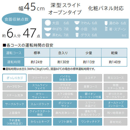 ビルトイン食洗機[取替用][スライドオープン][ドアパネル型][深型][幅45cm][奥行65cm][約6人用][自立脚付][化粧パネル対応][シルバー]