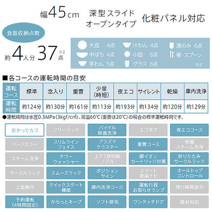 ビルトイン食洗機[取替用][スライドオープン][ドアパネル型][深型][幅45cm][奥行65cm][約4人用][自立脚付][化粧パネル対応][ステンレス調]