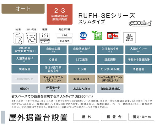 熱源機[エコジョーズ][浴室・台所リモコンセット][床暖房3系統・熱動弁内蔵][2-3][暖房能力14.0kW][屋外据置型][オート][スリム][24号][シャイニーシルバー][プロパンガス]