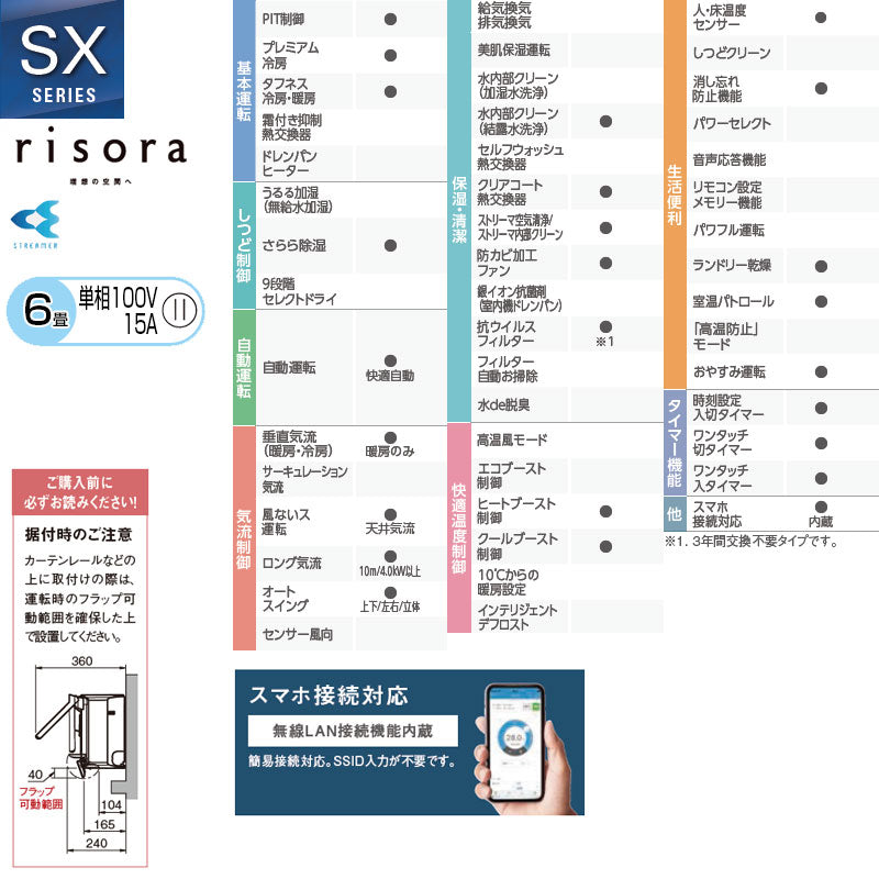 ●ルームエアコン[SXシリーズ][リソラ][100V][6畳][2.2kW][2026年モデル][本体ダークグレー][ソライロ]