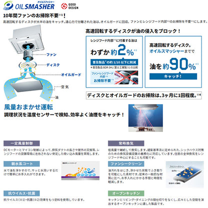 ●レンジフード プレミアムプラスシリーズ[シロッコファン][幅90cm][スリム型][常時換気][コンロ連動][オイルスマッシャー][ダクトカバー付属][シルバーメタリック][右排気]