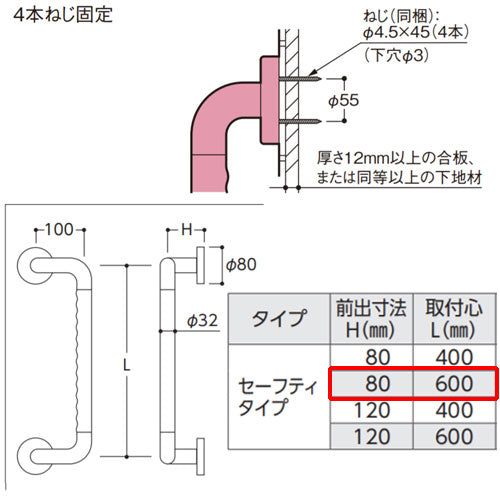手すり インテリアバー[壁固定][I型][浴室用][折れ戸用][長さ:600mm][φ32][前出:80mm][オフセットタイプ][セーフティタイプ]