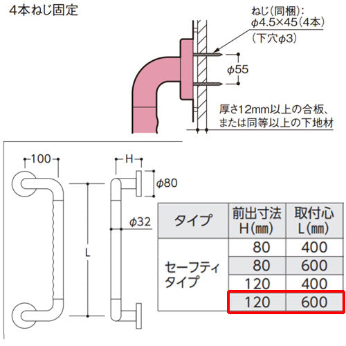 ●手すり インテリアバー[壁固定][I型][浴室用][開き戸][長さ:600mm][φ32][前出:120mm][オフセットタイプ][セーフティタイプ]