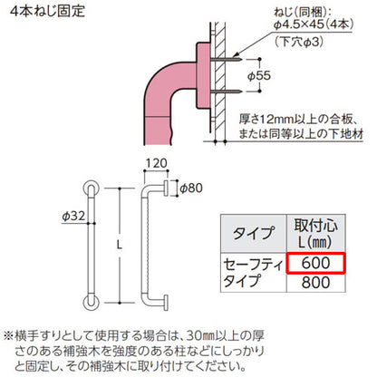 手すり インテリアバー[壁固定][I型][浴室用][長さ:600ｍｍ][φ32][前出:120mm][セーフティタイプ]