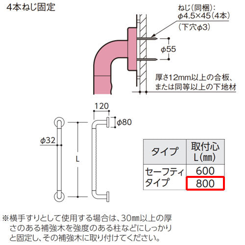 手すり インテリアバー[壁固定][I型][浴室用][長さ:800ｍｍ][φ32][前出:120mm][セーフティタイプ]