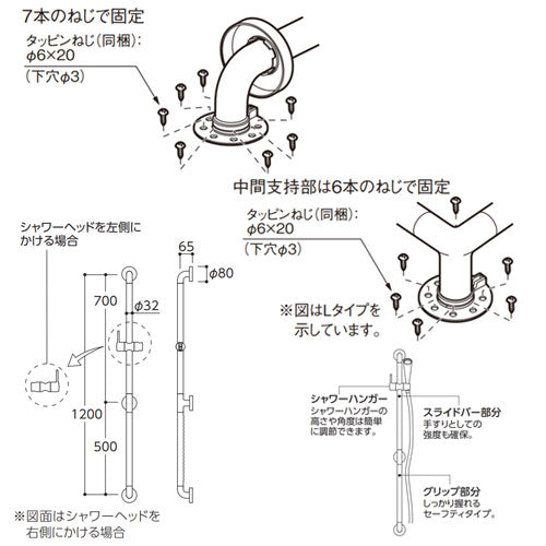 手すり インテリアバー[壁固定][I型][浴室用][長さ:1200ｍｍ][φ32][前出:65mm][UB後付けタイプ][スライドバー兼用][セーフティタイプ]