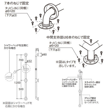 手すり インテリアバー[壁固定][I型][浴室用][長さ:1200ｍｍ][φ32][前出:65mm][UB後付けタイプ][スライドバー兼用][セーフティタイプ]