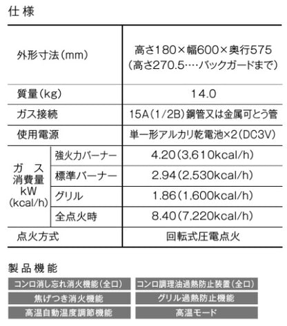 ●キャビネット型グリル付コンロ[取替え用タイプ][60cm][水有り片面焼グリル][強火力左][都市ガス]